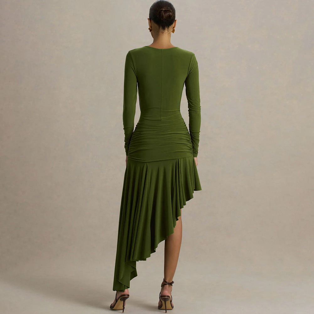 Slim Pleated Asymmetric Irregular Maxi Dress