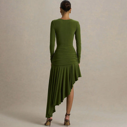 Slim Pleated Asymmetric Irregular Maxi Dress