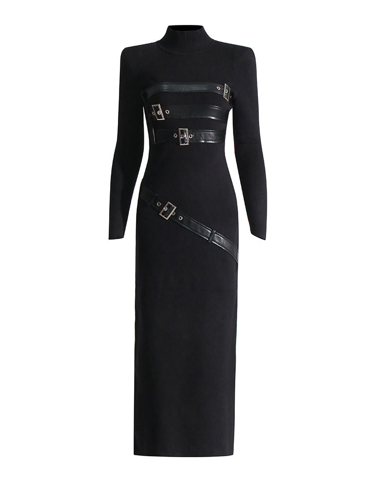 Turtleneck Long Sleeve Split Metal Accent Midi Dress