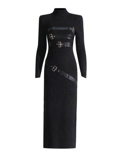 Turtleneck Long Sleeve Split Metal Accent Midi Dress