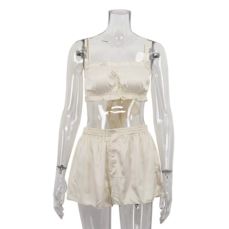 Imitation Silk Ruffle Sleeveless Pajama Set
