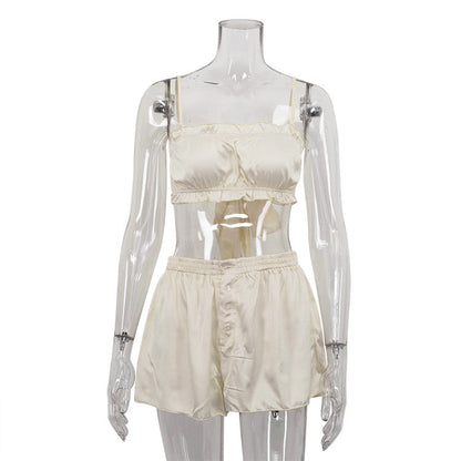 Imitation Silk Ruffle Sleeveless Pajama Set