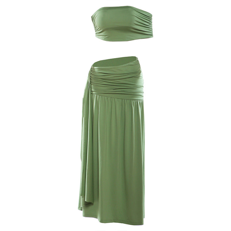 Tube Top Vest & Ribbon Pleated Skirt Two-Piece Set
