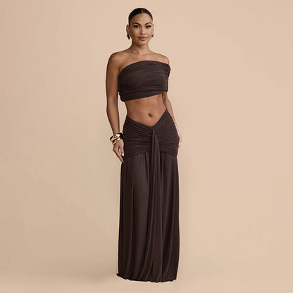 Tube Top Vest & Ribbon Pleated Skirt Two-Piece Set