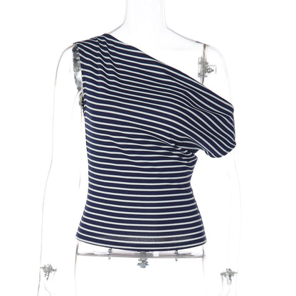 Striped Off-Shoulder Asymmetric Slimming Bottoming Top