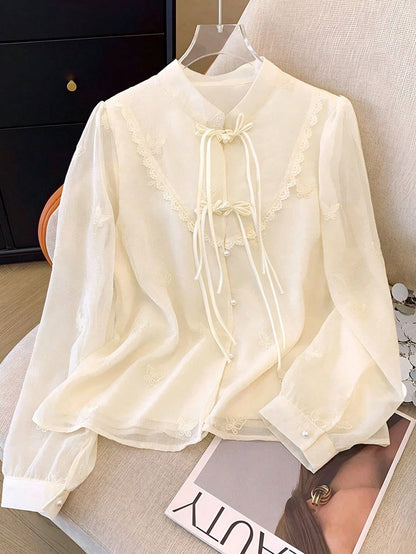 Chinese-Inspired Lace Stitching Long Sleeve Shirt