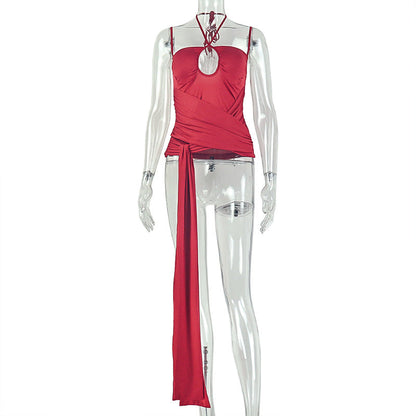 Pleated Thin Strap Halterneck Backless Wrap Top