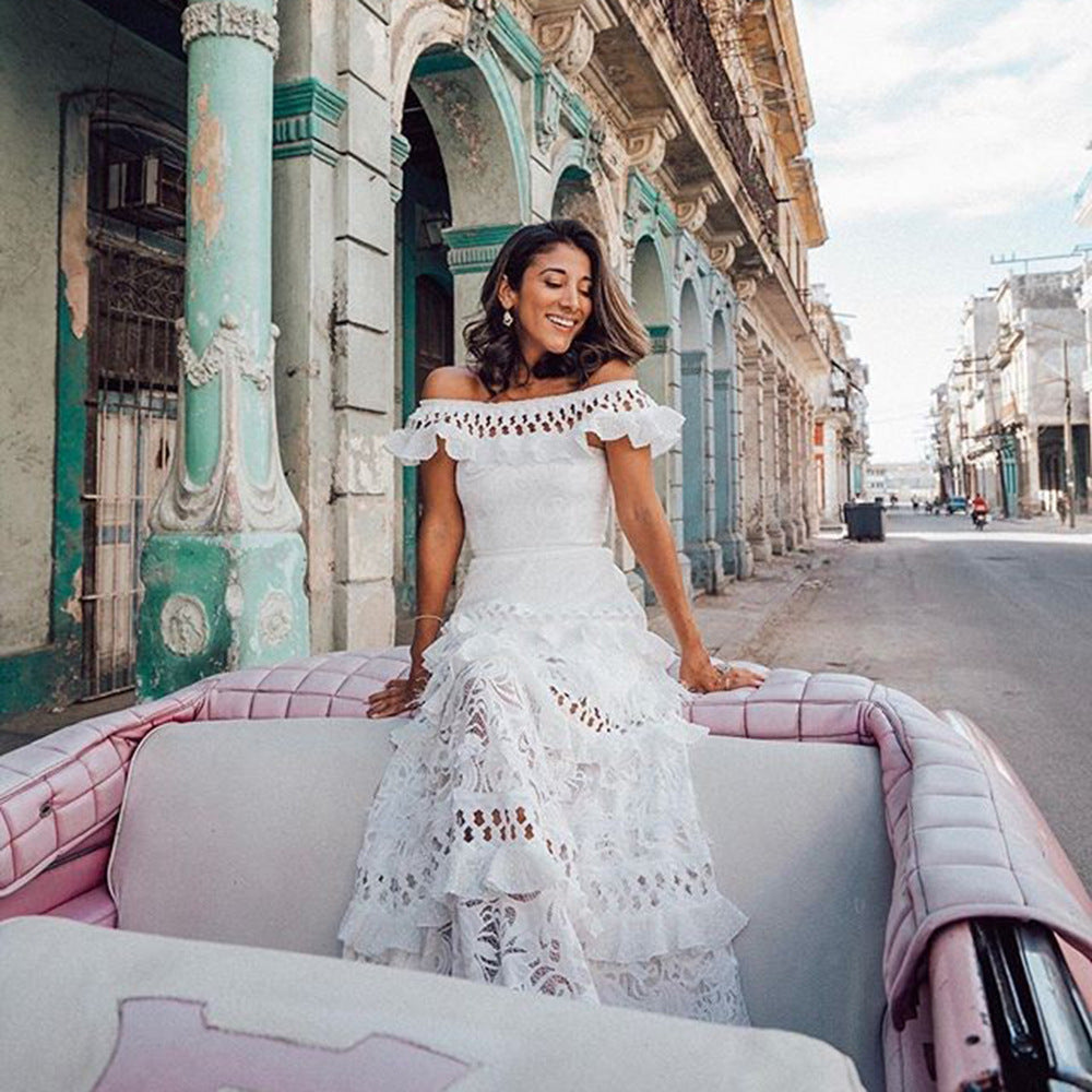 Off-Shoulder Ruffle Hollow-Out Lace Maxi Dress
