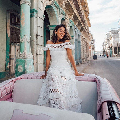 Off-Shoulder Ruffle Hollow-Out Lace Maxi Dress