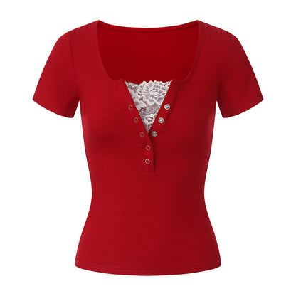 Lace Stitching Solid Short Sleeve Fitted T-Shirt