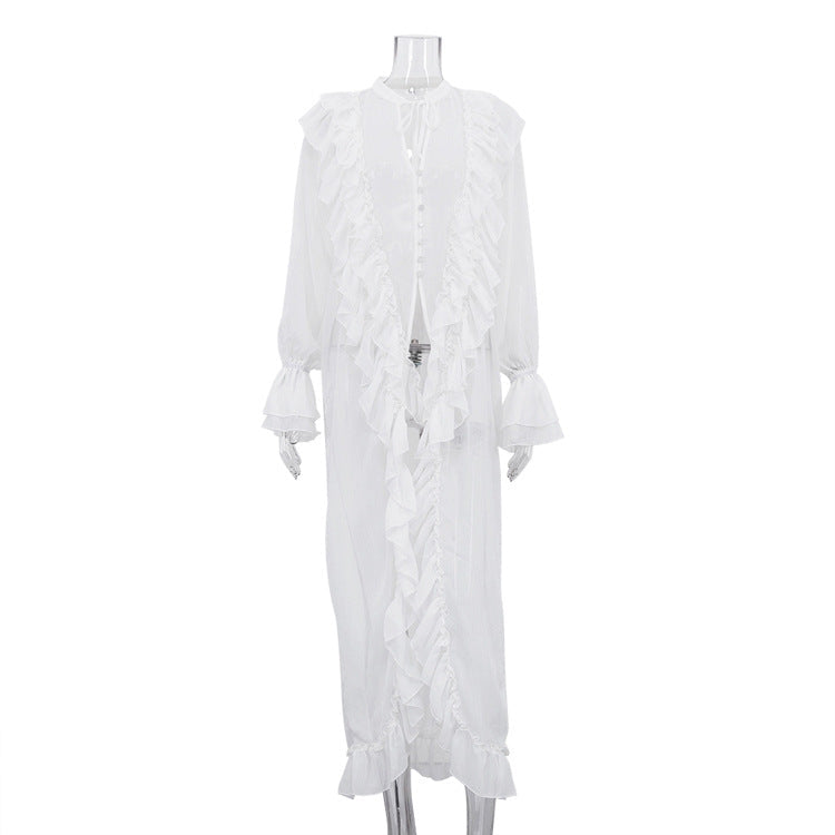 Sheer Ruffle Long Sleeve Single-Breasted Chiffon Dress