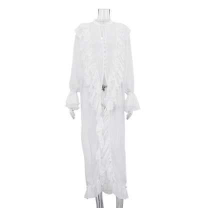 Sheer Ruffle Long Sleeve Single-Breasted Chiffon Dress