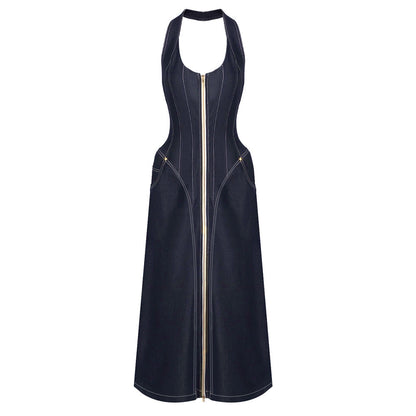 Denim Halter Sleeveless Slim Backless Sheath Dress
