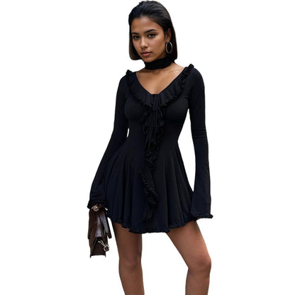 V-Neck Flounce Chiffon Patchwork Slim A-Line Dress