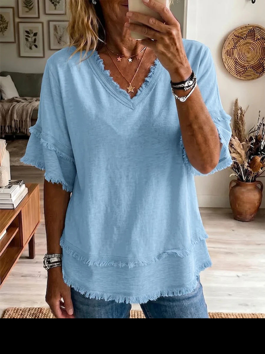 V-Neck Loose Short Sleeve Casual Pullover Top