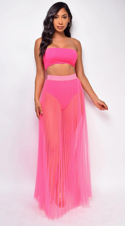Mesh Pleated Wrap Chest Swimsuit Three-Piece Set