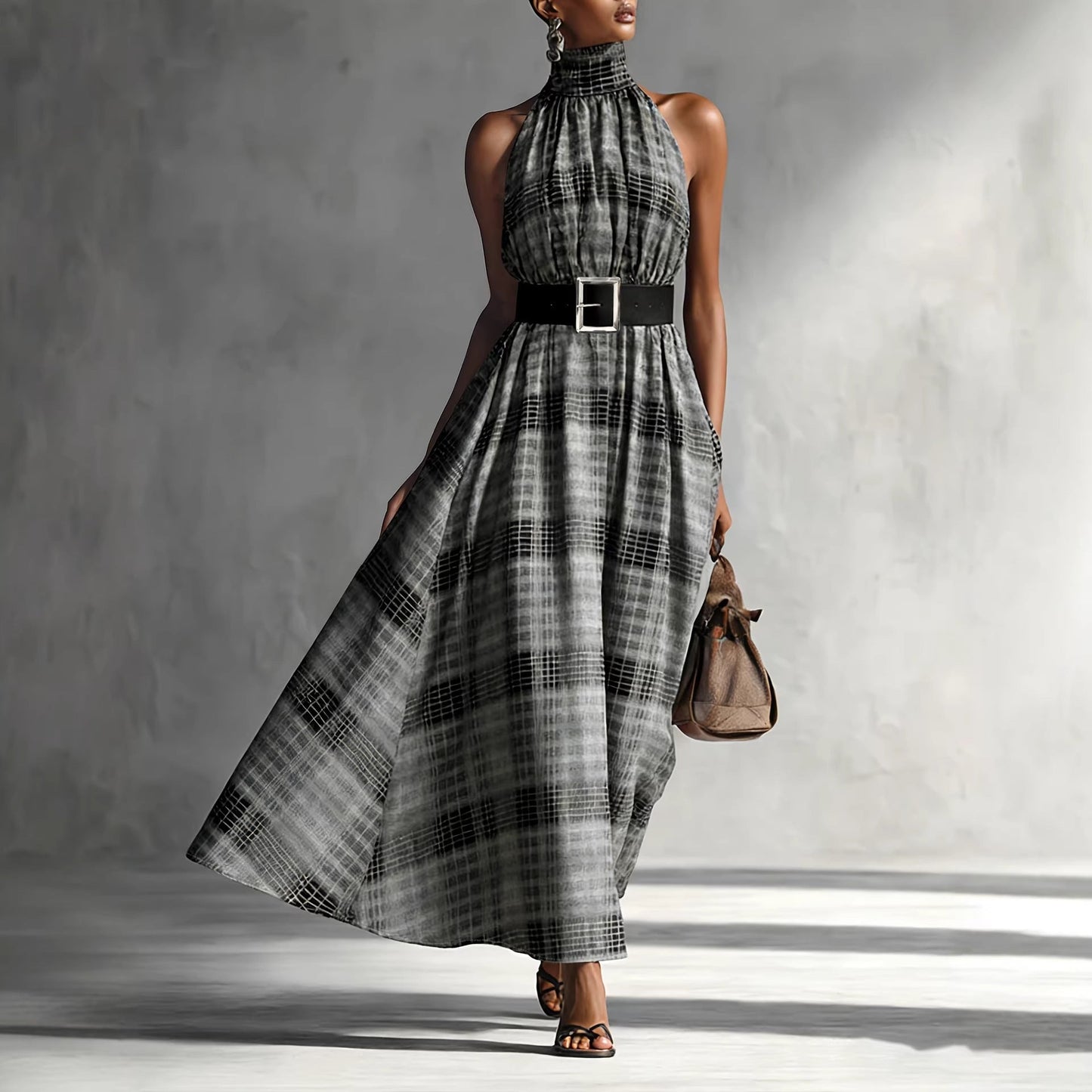 Plaid Halter High Waist A-Line Dress