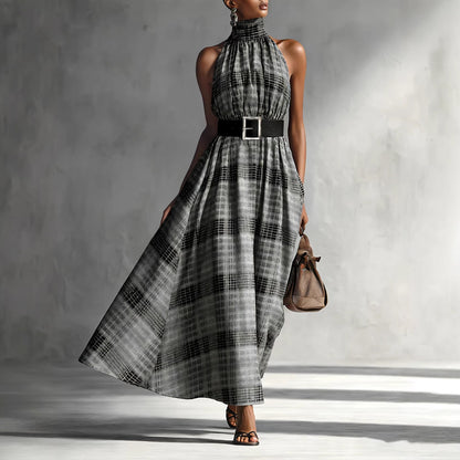 Plaid Halter High Waist A-Line Dress