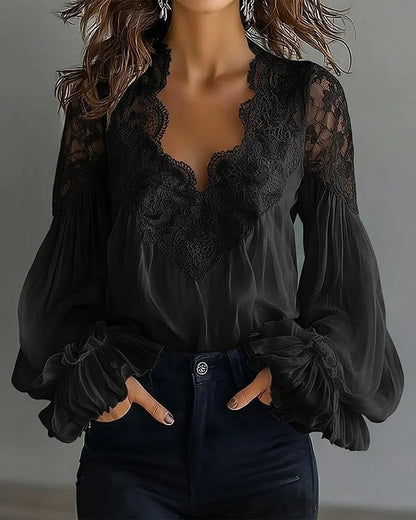 Lace Puff Sleeve Pleated Blouse