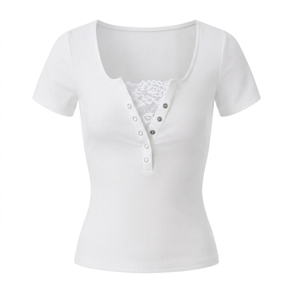 Lace Stitching Solid Short Sleeve Fitted T-Shirt