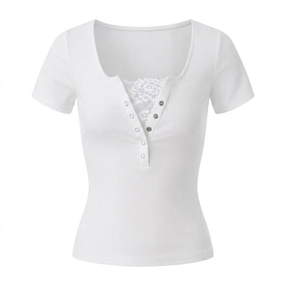 Lace Stitching Solid Short Sleeve Fitted T-Shirt