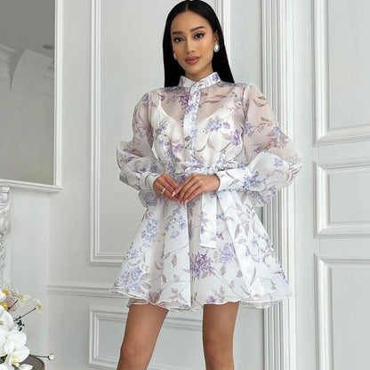 Lace Print Stand Collar Long Sleeve Dress