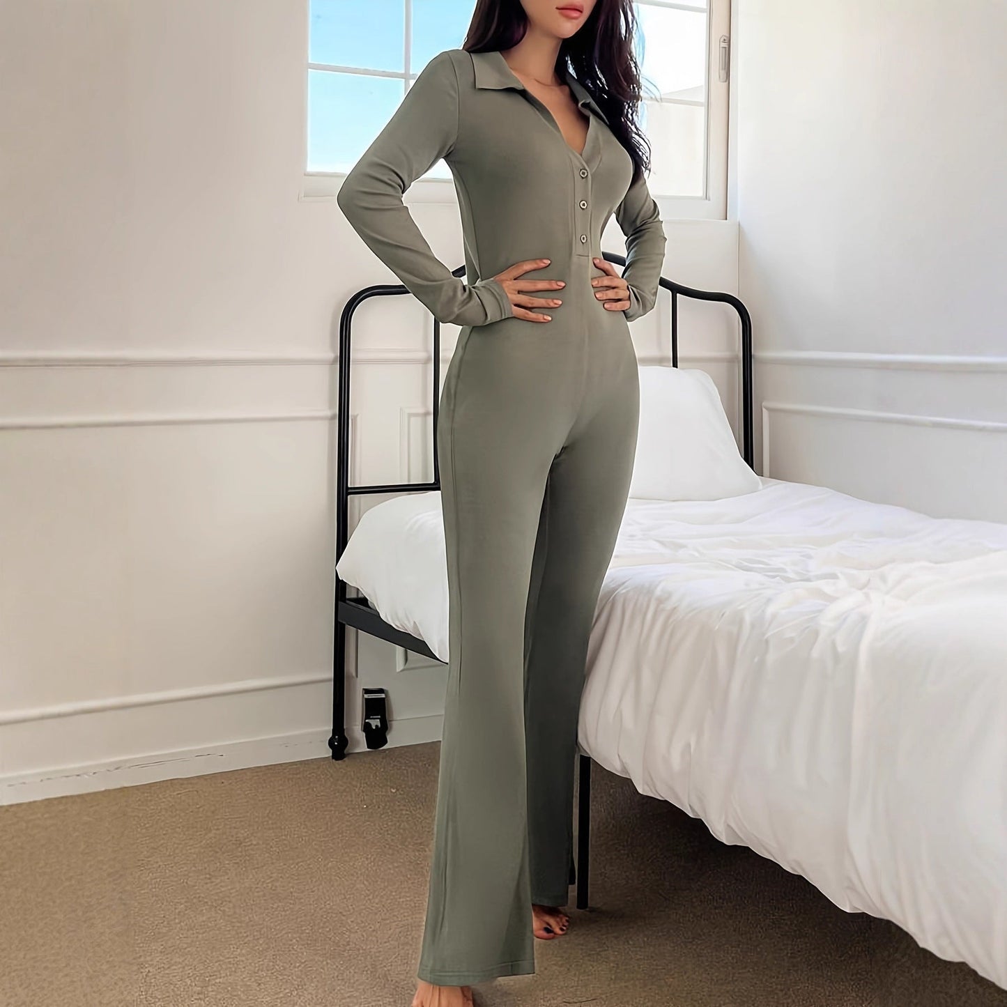 Polo Collar Knit Button Slim Hip-Raise Jumpsuit