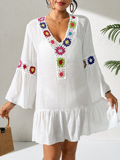 Mixed Color Crochet Ruffle V-Neck Beach Dress