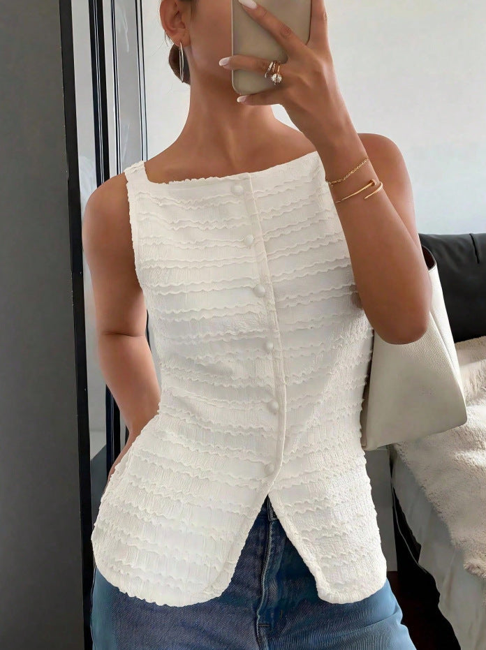 Single-Breasted Round Neck Sleeveless Slim Vest Top