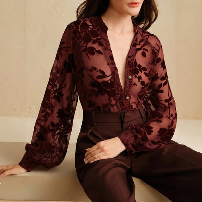 Tencel Flocking Elegant Long Sleeve Shirt