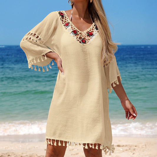 Rose Crochet Tassel Hollow-Out Beach Blouse Dress