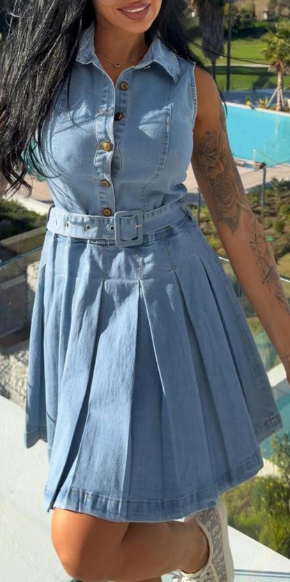 Sleeveless Denim Button Casual Midi Dress