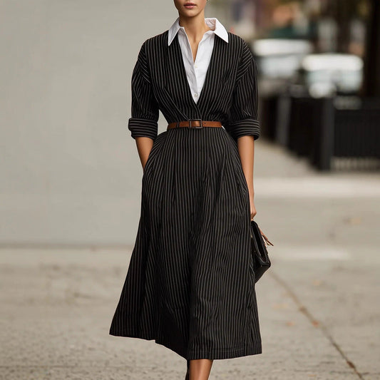 Vintage Stripe Contrast Color Blouse Collar Shirt Dress