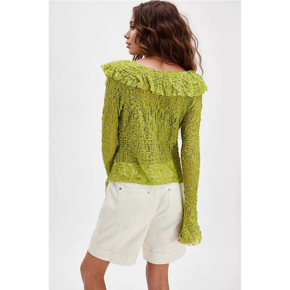Lace V-Neck Ruffle Cardigan Short Knit Top