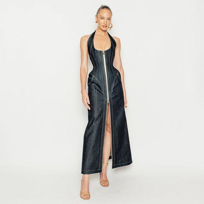 Denim Halter Sleeveless Slim Backless Sheath Dress