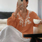 Pearl Button Embroidered Lantern Sleeve V-Neck Top