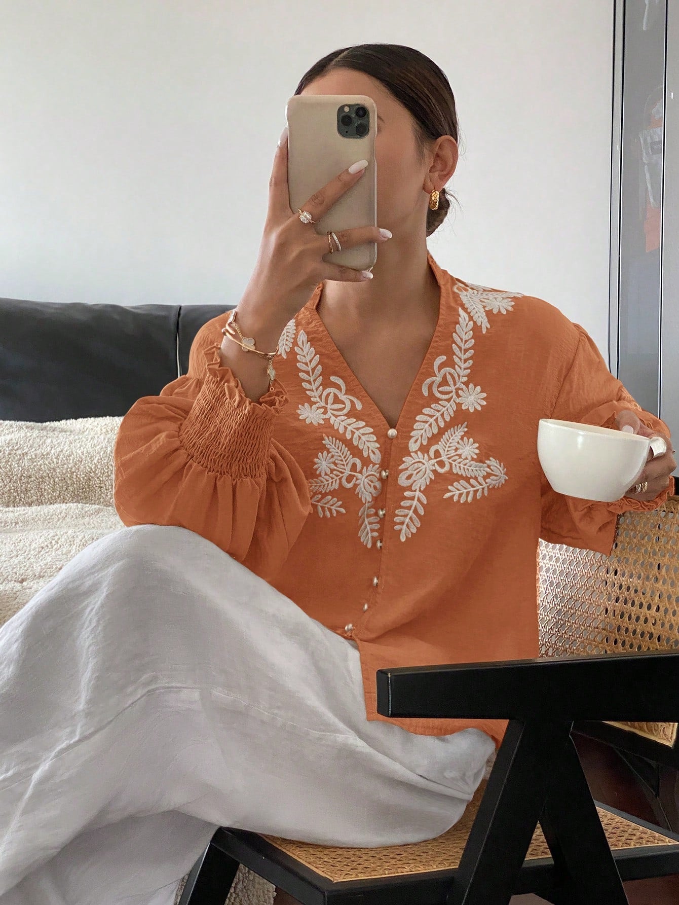 Pearl Button Embroidered Lantern Sleeve V-Neck Top