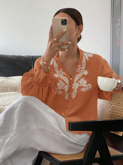 Pearl Button Embroidered Lantern Sleeve V-Neck Top