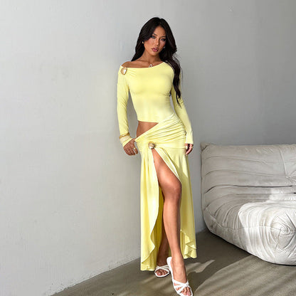 One-Shoulder Cutout Long Sleeve Slit Maxi Dress