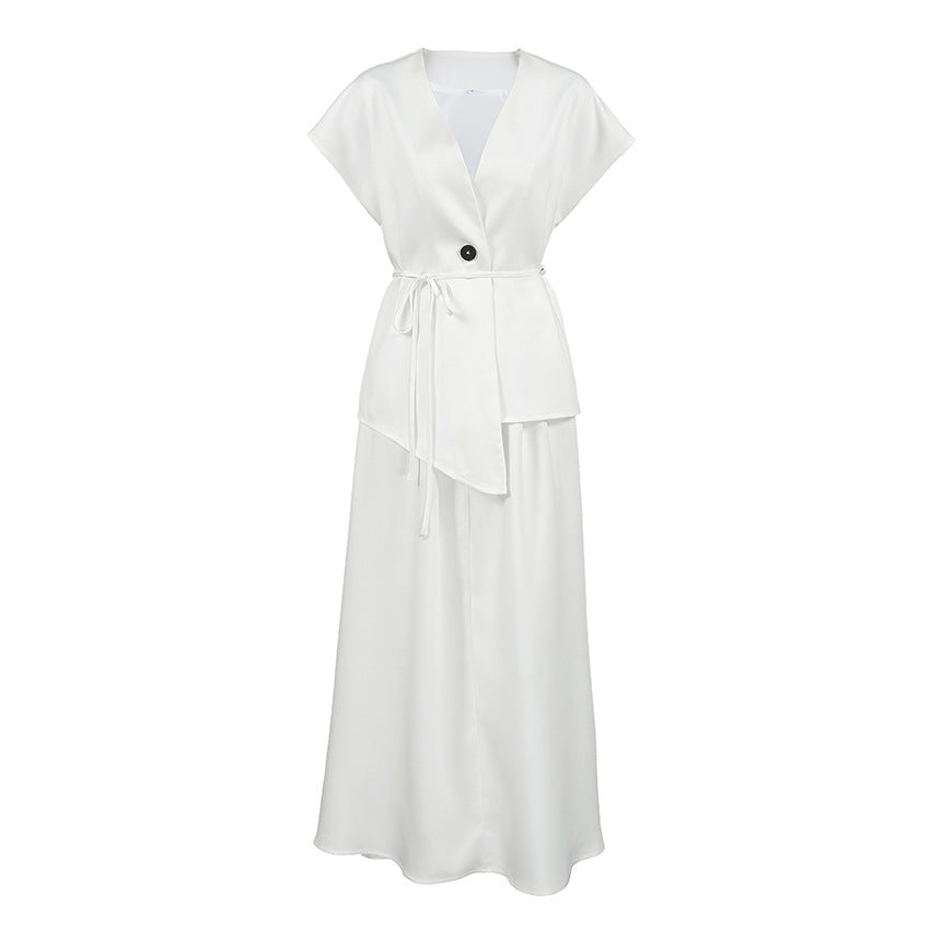 Lace-Up Waistcoat White Shirt & A-Line Skirt Two-Piece Set