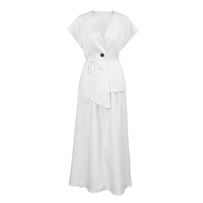 Lace-Up Waistcoat White Shirt & A-Line Skirt Two-Piece Set