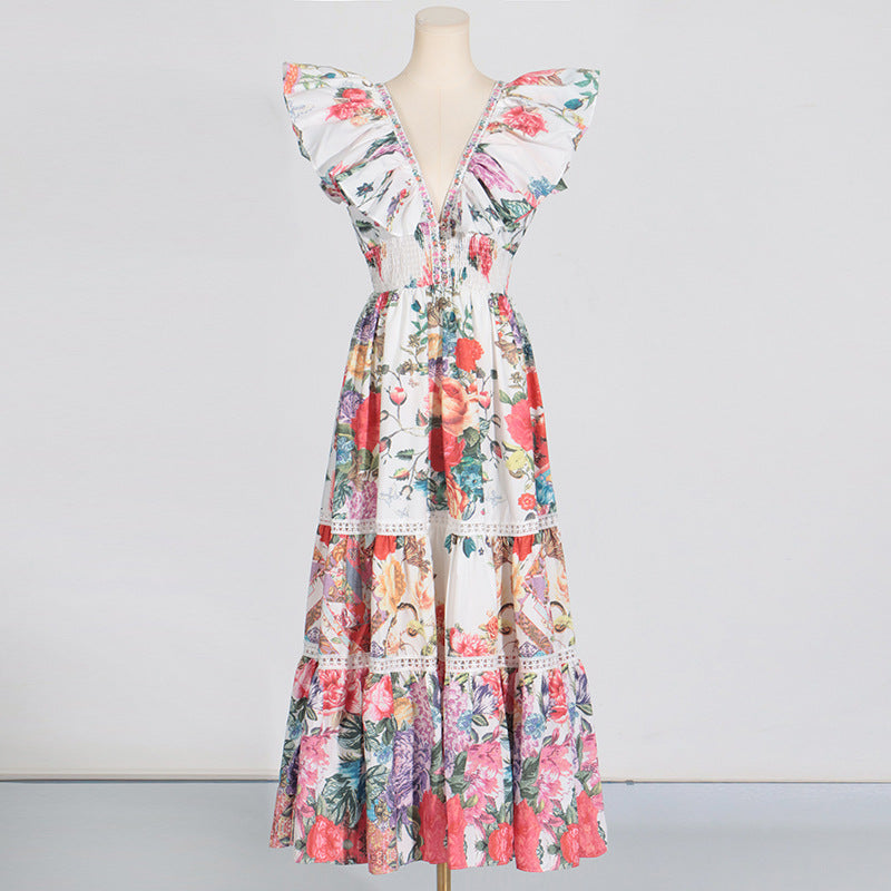 Deep V Ruffled Sleeve Printed Waist-Slimming Maxi Dress