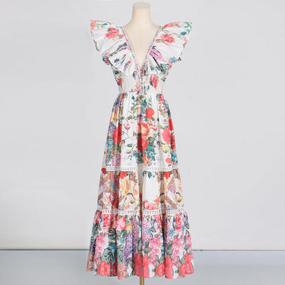 Deep V Ruffled Sleeve Printed Waist-Slimming Maxi Dress