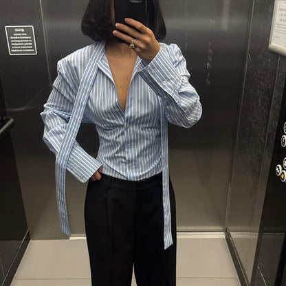 Striped Lace-Up Waist-Controlled Long Sleeve Cardigan Shirt