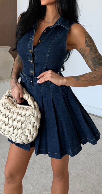 Sleeveless Denim Button Casual Midi Dress