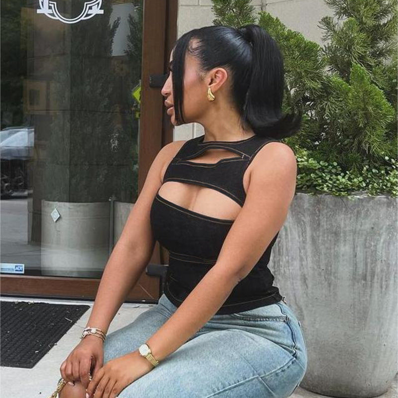 Cutout Zipper Denim-Look Crop Vest Top