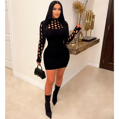 Hollow-Out Long Sleeve Tight Knit Woolen Dress