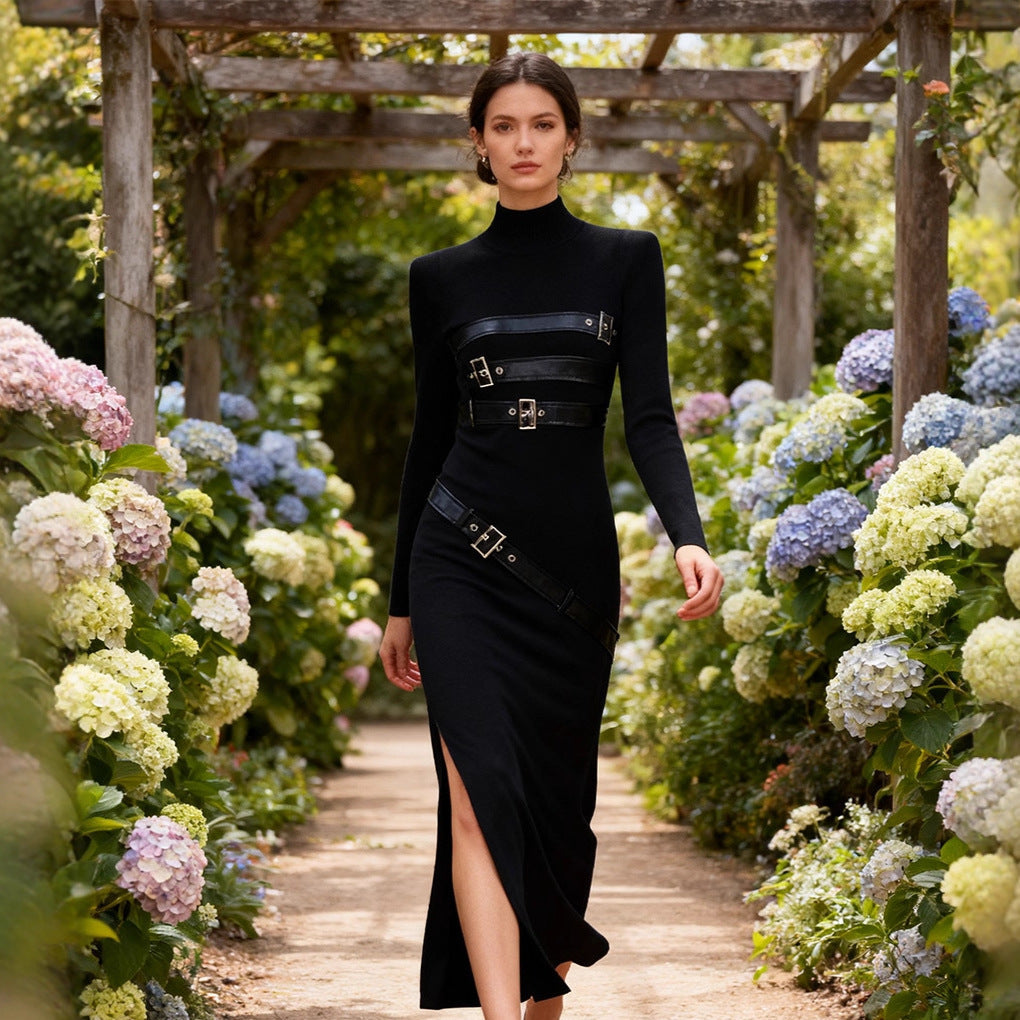 Turtleneck Long Sleeve Split Metal Accent Midi Dress