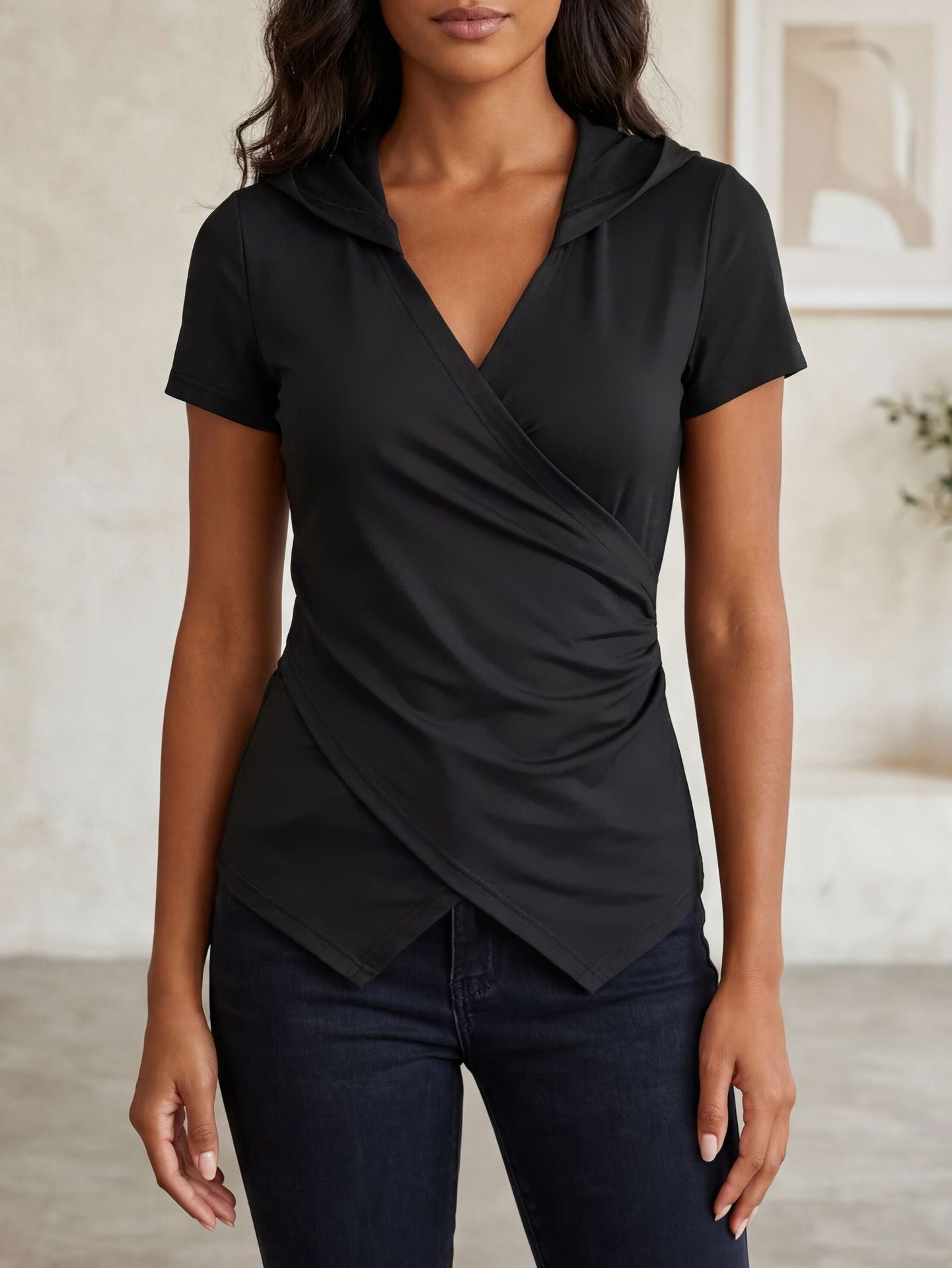 V-Neck Solid Slim Asymmetric Short Sleeve T-Shirt
