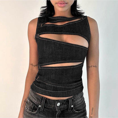 Cutout Zipper Denim-Look Crop Vest Top